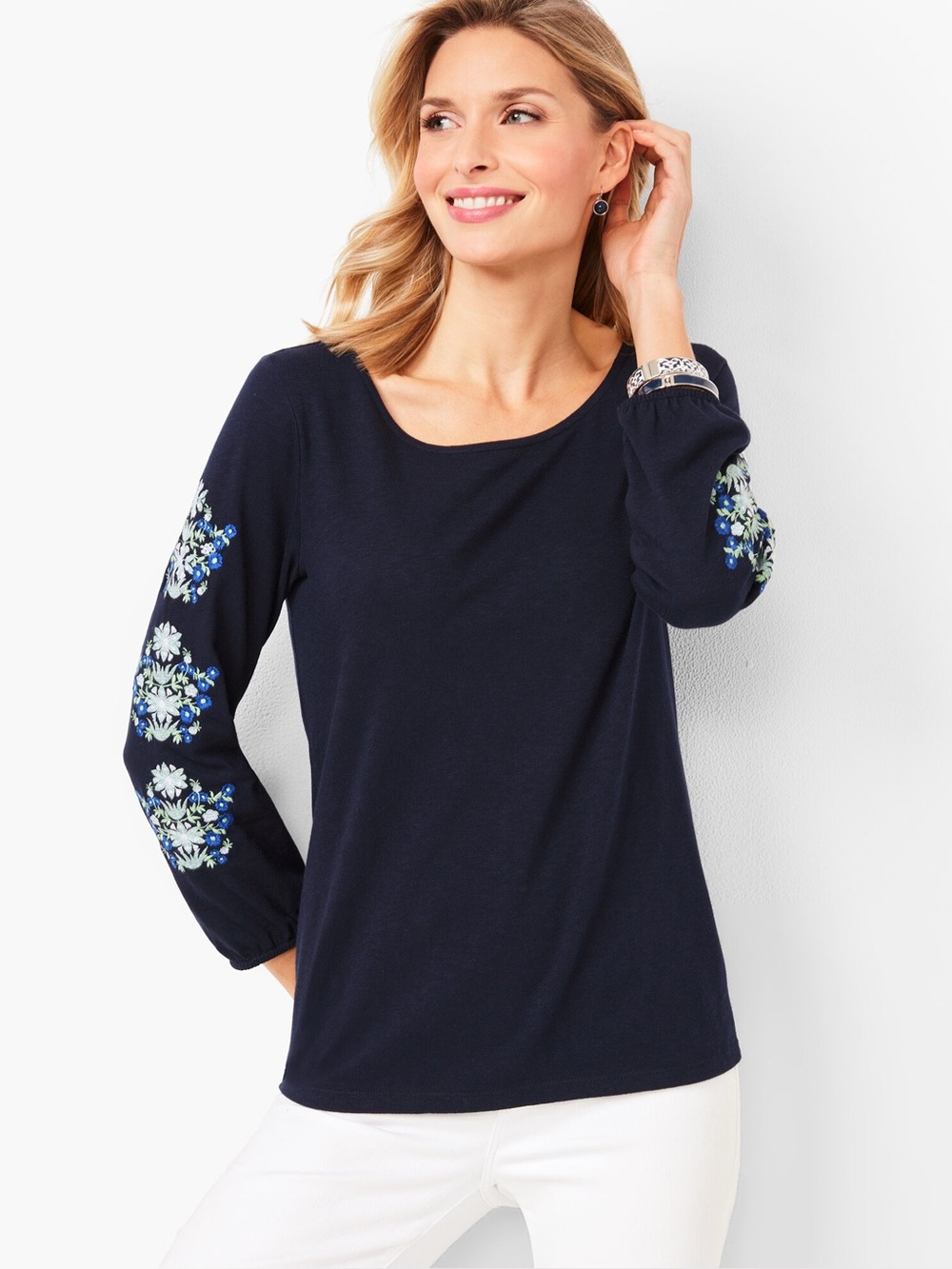 Talbots Embroidered Peasant Top Navy Blue Floral Women’s Size Large 3/4 Sleeve
